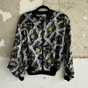 Vintage 80s Jacket Baroque Gold‎ Chain Print Bomber Womens M Paragon Streetwear